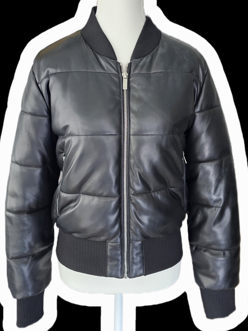 Calvin Klein Women's Black Puffer Bomber Jacket - Leather Style